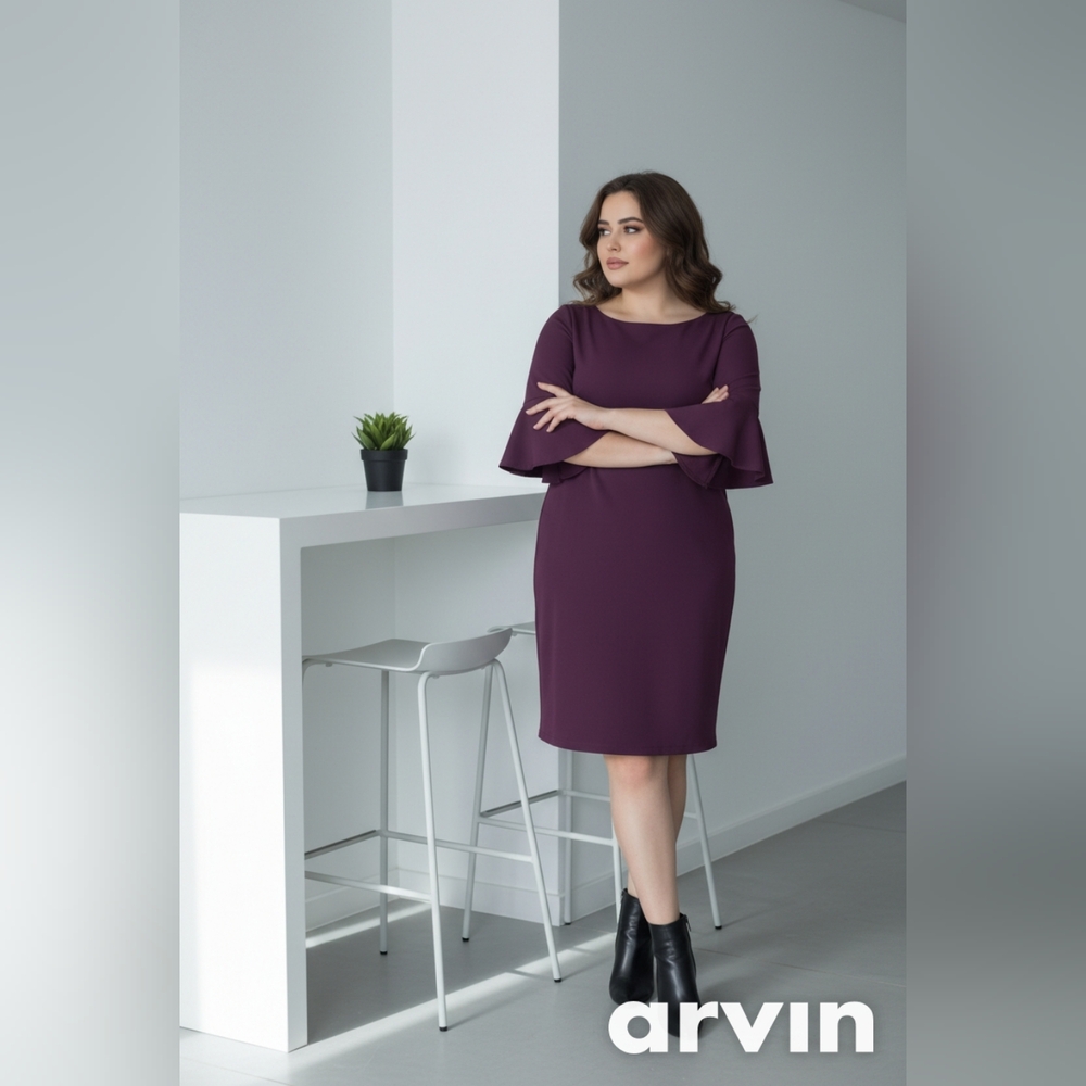 Calvin Klein Plum Bell Sleeve Sheath Dress – Elegant Minimalist Chic Aesthetic